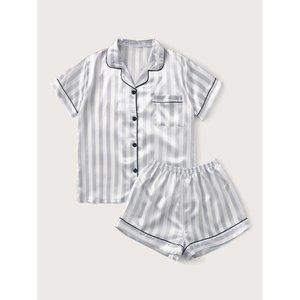 Striped Piping Trim Pocket Front Satin PJ Set